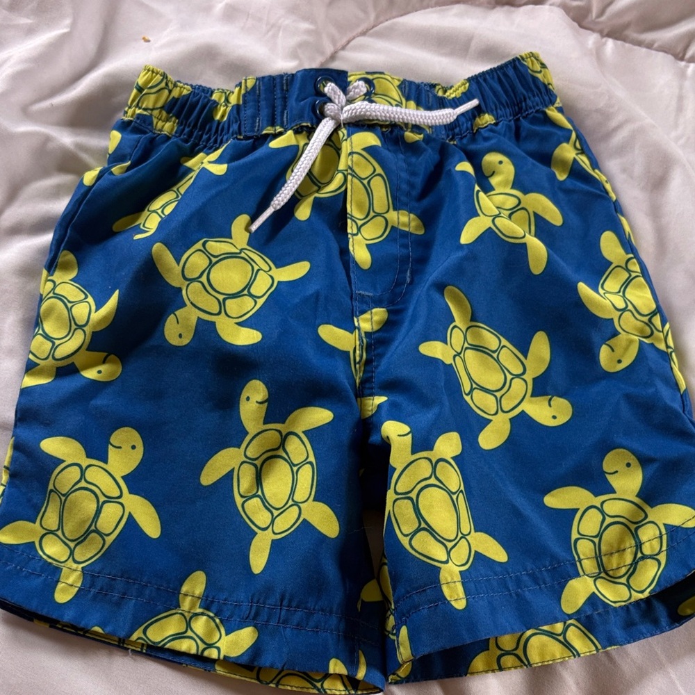 Little Me Blue Swim Shorts with Yellow Turtle Print